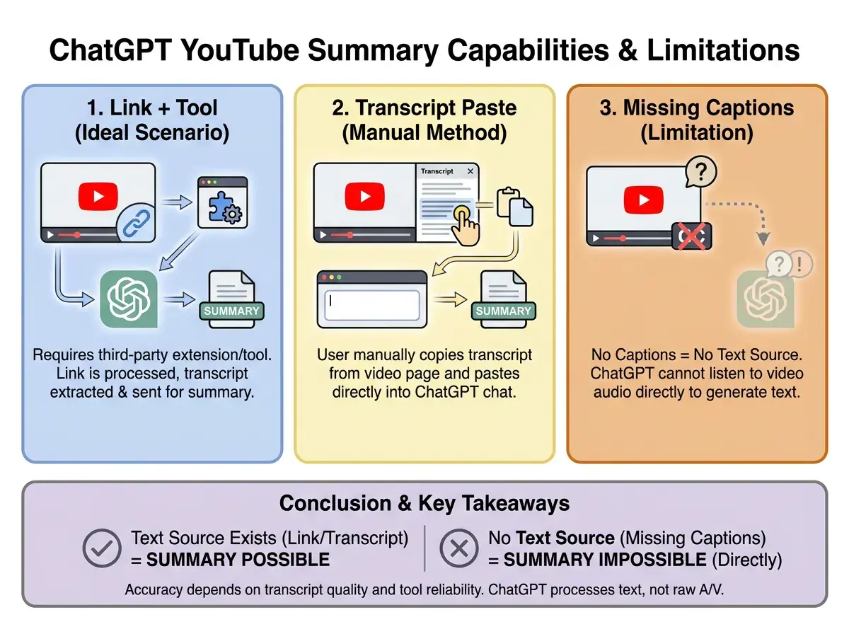 Can ChatGPT Summarize YouTube Videos? Links, Transcripts and Missing Captions